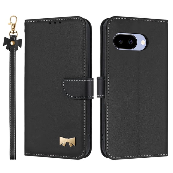 for Google Pixel 9a Wallet Case, Magnetic Closure & Adjustable Kickstand & Card Slots & Shoulder Strap & Wrist Strap Full Body Protection Rugged Phone Case for Google Pixel 9a, Black