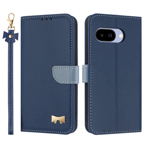 for Google Pixel 9a Wallet Case, Magnetic Closure & Adjustable Kickstand & Card Slots & Shoulder Strap & Wrist Strap Full Body Protection Rugged Phone Case for Google Pixel 9a, Darkblue