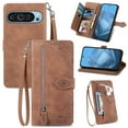 thumbnail image 1 of for Google Pixel 9a Wallet Case for Men Women, Embossed PU Leather Magnet Buckle Card Slots Zipper Pocket Lanyard Wrist Strap Handbag All-inclusive Protective Case, Brown, 1 of 8