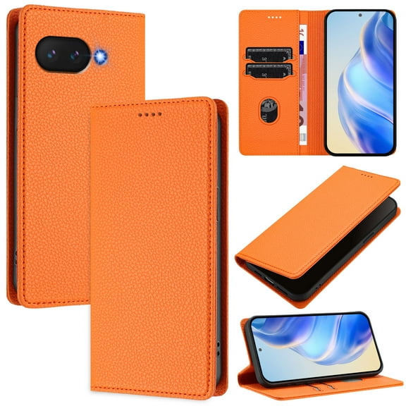for Google Pixel 9a Wallet Case with RFID Blocking Card Slots, Fashion PU Leather Flip Kickstand Magnetic Phone Cover Women Men, Support Wireless Charging, Full Body Protection - Orange