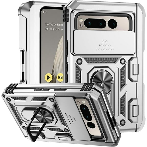 for Google Pixel Fold Case Camera Lens Protector Slide Cover Black with Kicktand, Shockproof Google Pixel Fold Phone Case Rugged Shield Heavy Duty with Ring Holder (Silber)