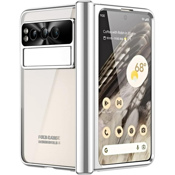 for Google Pixel Fold Case with Hinge Protection Electroplating Design Built-in Screen Protector Lightweight Kickstand Shockproof Protective Phone Case for Google Pixel Fold 2023 Silver