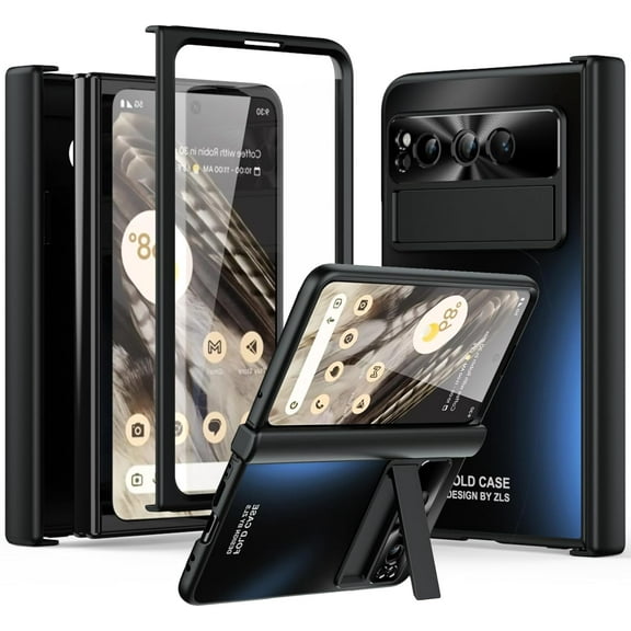 for Google Pixel Fold Case with Hinge Protection, Pixel Fold Case Built in Screen Protector Kickstand Slim Plating Hard PC Back Cover Scratch-Resistant Phone Case for Pixel Fold 2023 - Black