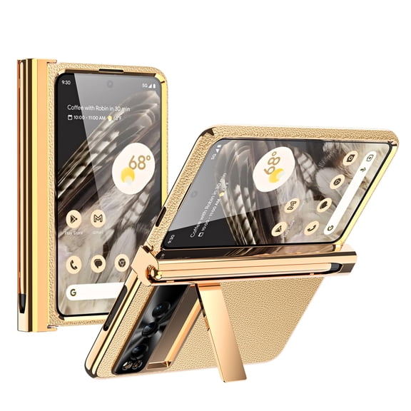 for Google Pixel Fold Case Magnetic Hinge Protection, Transparent Plating PC Crystal & Lychee Texture PU Leather Cover Front Glass All-Inclusive Case (with Free Stylus & Stylus Holder), Gold