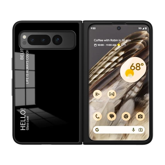 for Google Pixel Fold Case [Military Grade Shockproof] Stylish Tempered Glass Back Luxury Slim Protective Two Layers Hard PC+Soft Silicone Rugged Women Men Anti-Scratch Cover,Black