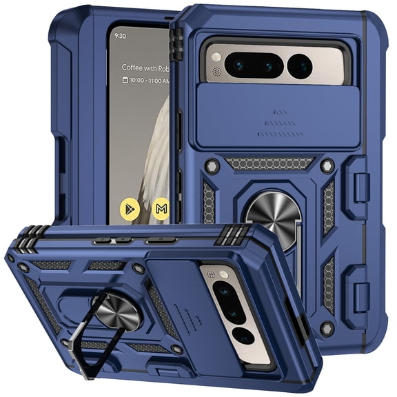 for Google Pixel Fold Case, Soft TPU & Hard PC Anti-scratch Sliding Cover Full Protection Ring Stand Rotating Kickstand Holder Magnetic Shockproof Phone Case Cover for Google Pixel Fold, Blue