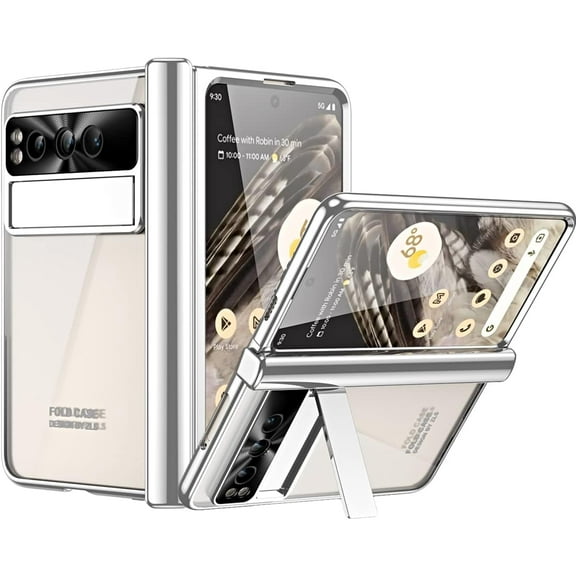 for Google Pixel Fold Clear Case with Hinge Protection, Crystal Clear Plating PC Back Case Built in Screen Protector Kickstand All-Inclusive Protection Phone Case for Pixel Fold - Silver