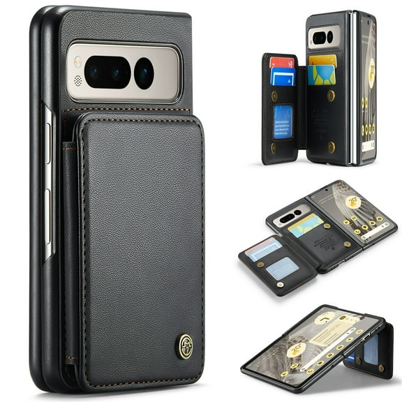 for Google Pixel Fold Premium PU Leather Back Case, Multiple Card Slots Design, Double Magnetic Clasp Study Kickstand RFID Blocking Classic Phone Cover for Google Pixel Fold, Black