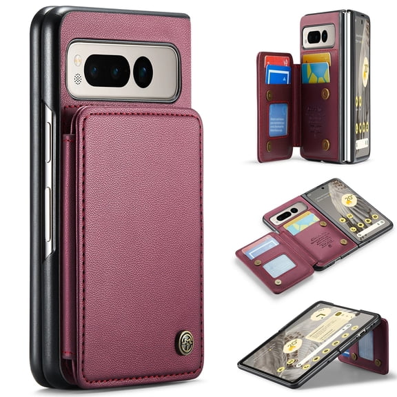 for Google Pixel Fold Premium PU Leather Back Case, Multiple Card Slots Design, Double Magnetic Clasp Study Kickstand RFID Blocking Classic Phone Cover for Google Pixel Fold, Winered
