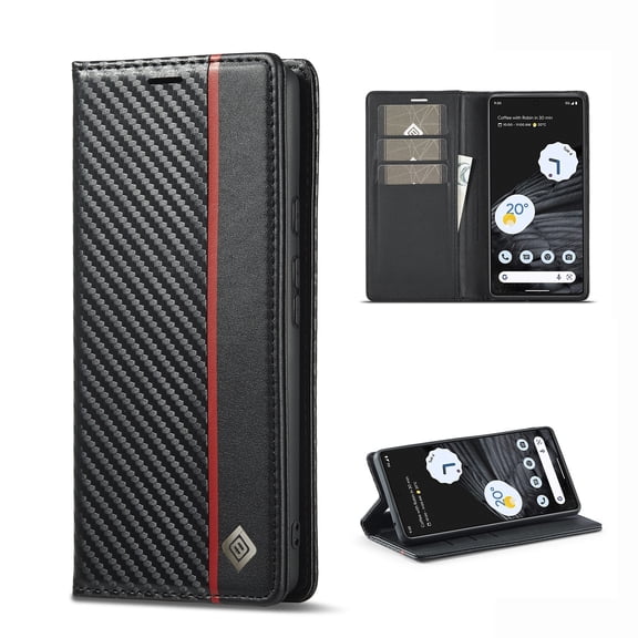 for Google Pixel 6 Pro Carbon Fiber Texture Wallet Case, Kickstand Magnetic Full Body Protection Card Slots and Cash Pocket Shockproof Phone Cover for Google Pixel 6 Pro, Vertical Line