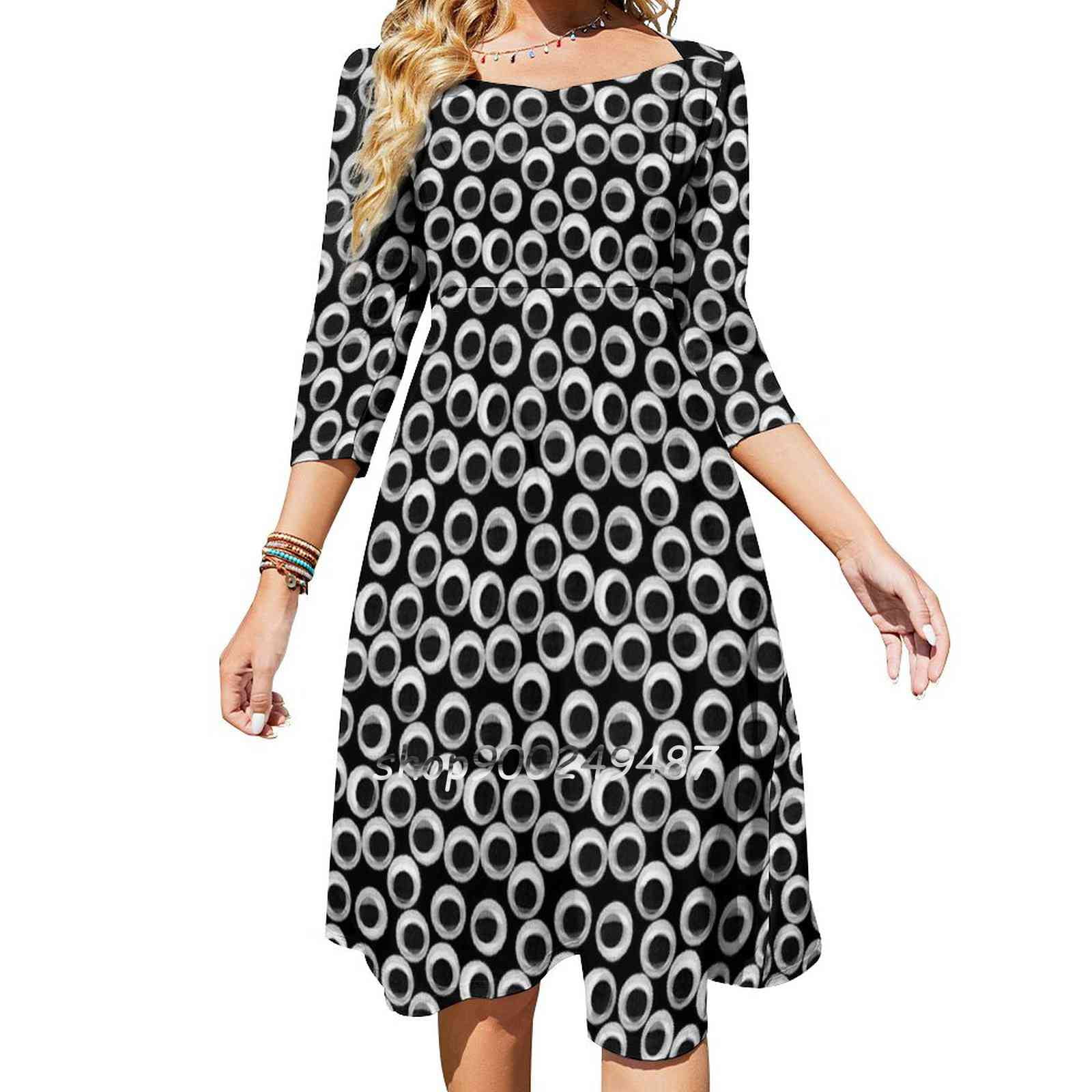 Googly Eye Pattern Black Sweet Elegant Dress Women Korean Kawaii Square Googly Eye Pattern Black Sweet Elegant Dress Women Korean Kawaii Square