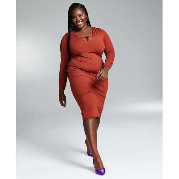 Googoo Atkins Trendy Plus Size Bodycon Long Sleeve Peekaboo Midi Dress Rust 3X