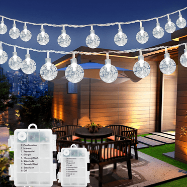 GooingTop 2 Pack Outdoor Lights Battery Operated, Each 30ft 60LED Fairy Lights Patio Lights Waterproof with 8Modes,Decorative Christmas Lights for Home Patio Garden Wedding(White)