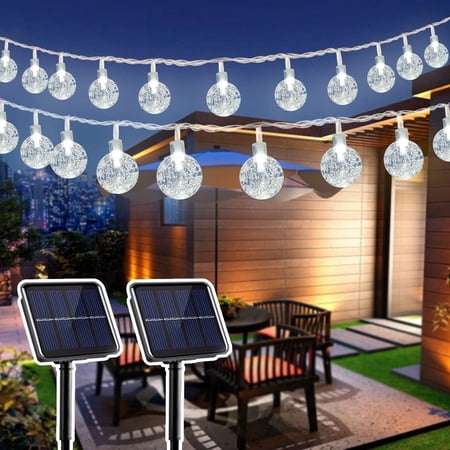 GooingTop 2 Pack Solar Outdoor String Lights Waterproof,Each 30FT 60LED Crystal Globe Solar Twinkle Fairy Lights for Gazebo Yard Garden Tree Decorations, White
