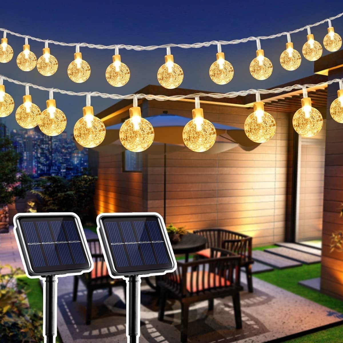 GooingTop 2 Pack Solar Outdoor String Lights Waterproof,Each 30FT 60LED Crystal Globe Solar Twinkle Fairy Lights for Patio Gazebo Yard Garden Tree Outdoor Decorations(Warm White)