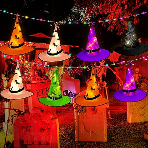 GooingTop Halloween Witch Hat String Lights,19Ft 5pcs Hanging Glowing Witch Hat String Lights with 8 Lighting Modes & Remote,Halloween Lights for Garden Yard Tree(Black Orange Purple Green Pink)