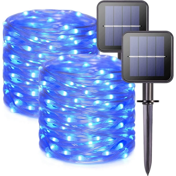 GooingTop Solar String Outdoor Lights, 2-Pack Each 39.4 ft 100 LED Twinkle Fairy Lights with 8 Lighting Modes & Waterproof Function for Garden Patio Tree Decor (Blue)