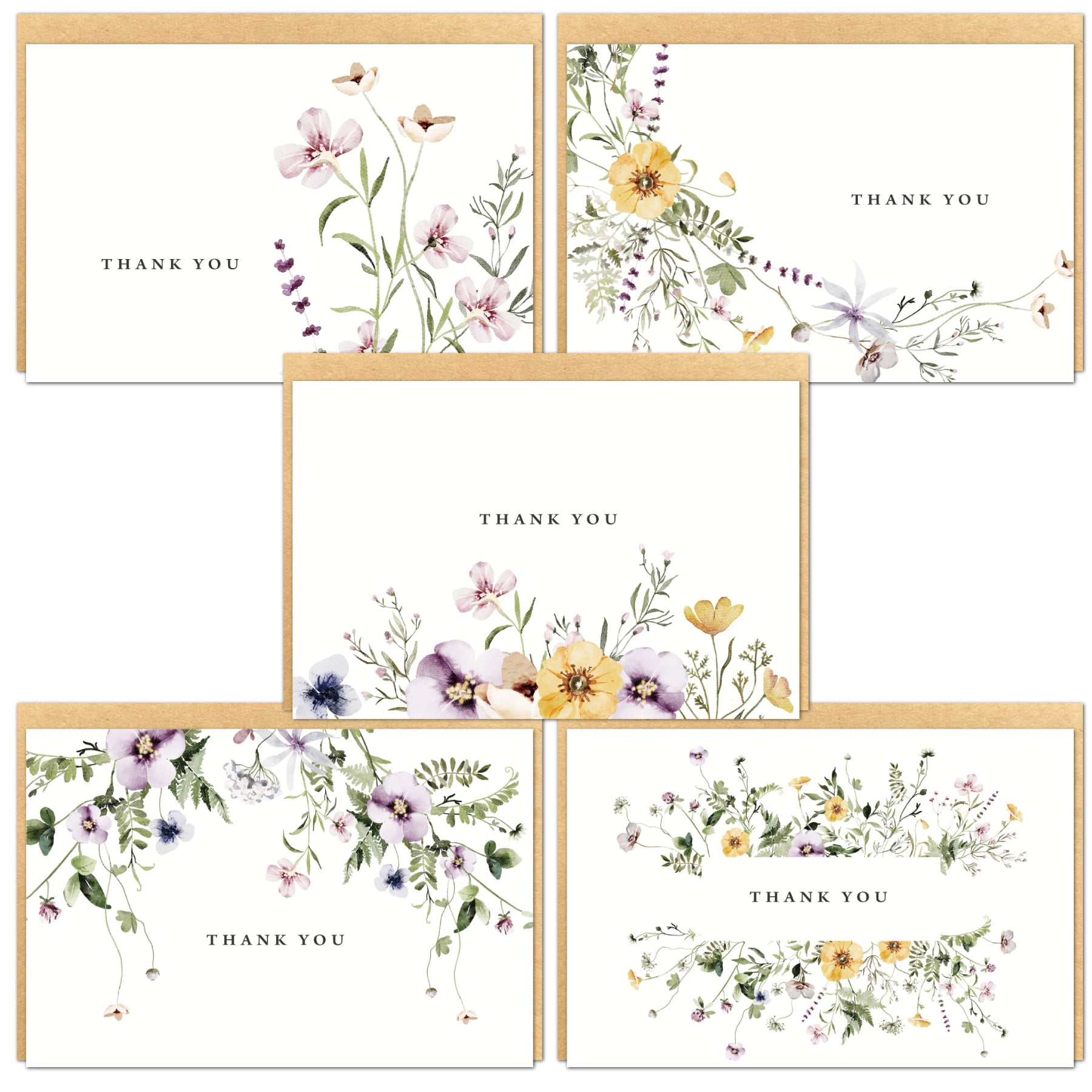 Gooji 4x6 Floral Thank You Cards with Envelopes (Bulk 20-Pack) Matching Peel-and-Seal Rustic Envelopes
