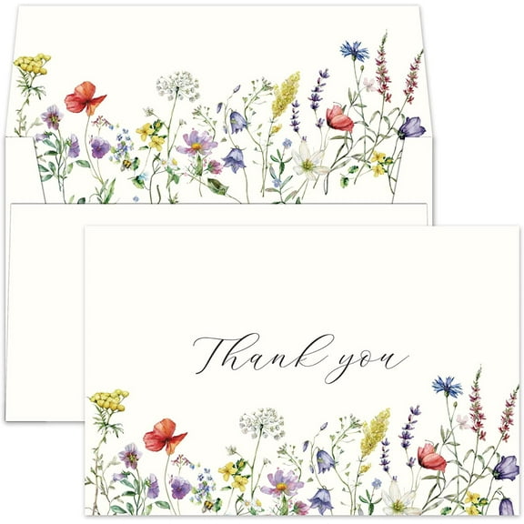 Gooji 4x6 Midsummer Floral Thank You Cards with Envelopes (Bulk 20-Pack) Matching Peel-and-Seal Rustic Envelopes | Assorted Bulk, Watercolor Wildflower | Birthday Party, Baby Shower, Weddings