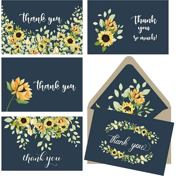 Gooji 4x6 Sunflower Thank You Cards (Bulk 20-Pack) Kraft Lined Envelopes | Assorted Set