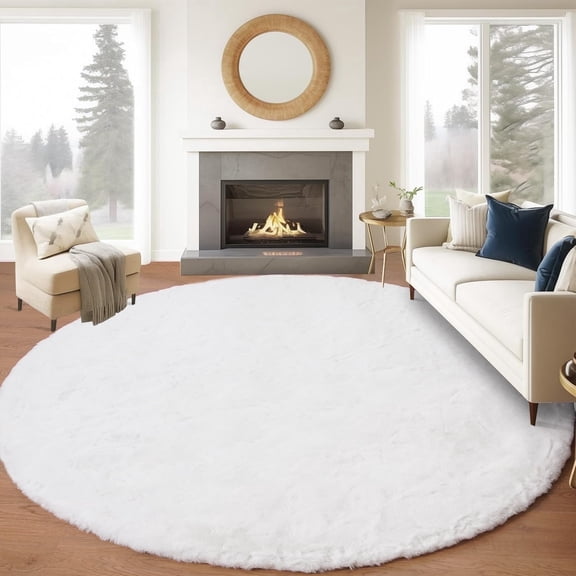 Goolela 8ft Round Area Rug Circle Rug White Fluffy Fuzzy Faux Rabbit Fur Rug Shaggy Furry Large Area Rug for Living Room Bedroom