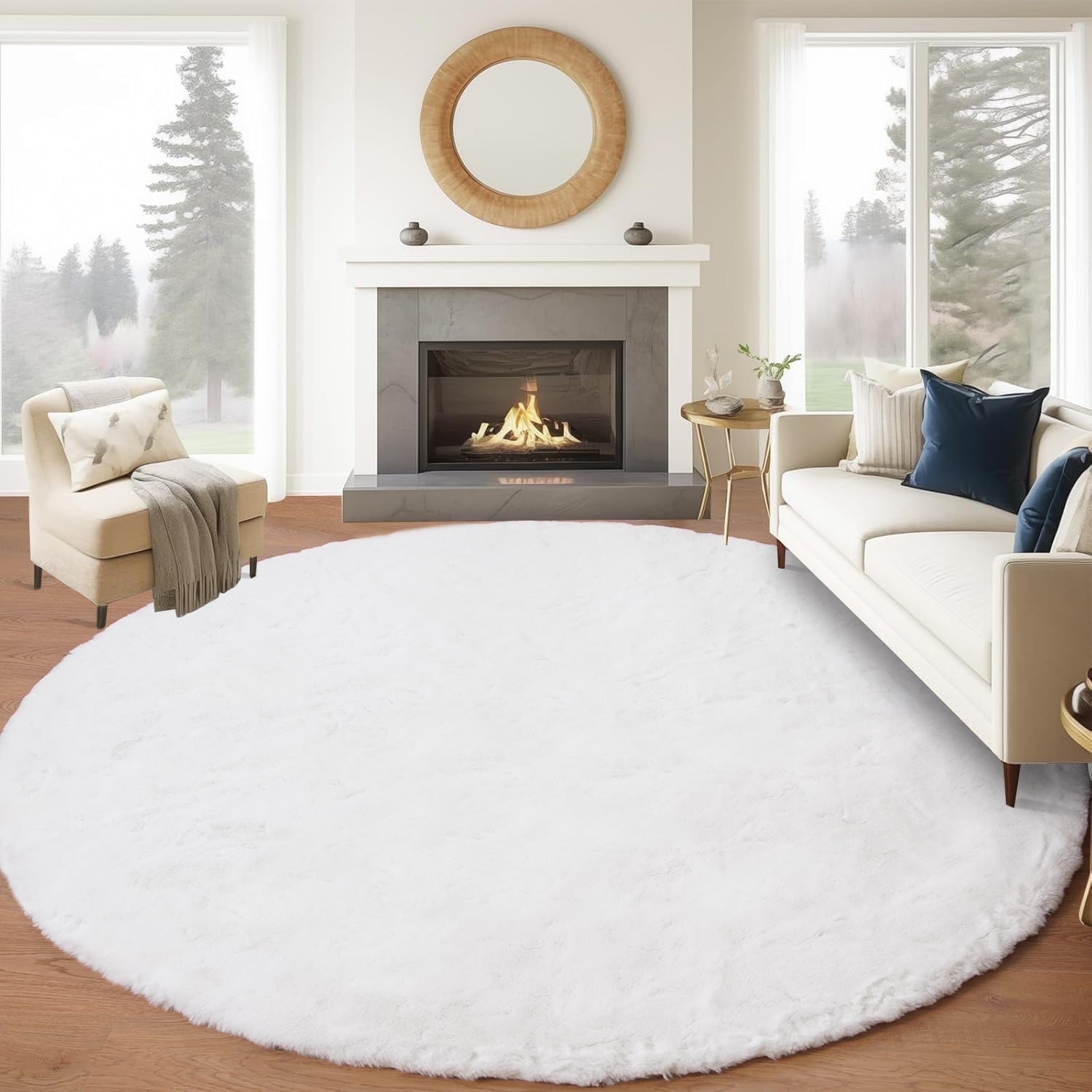 Goolela 8ft Round Area Rug Circle Rug White Fluffy Fuzzy Faux Rabbit ...
