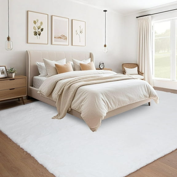 Goolela 8x10 Rug White Fluffy Large Rug Fuzzy Faux Fur Rabbit Rug for Living Room Bedroom Furry Rug Rectangle