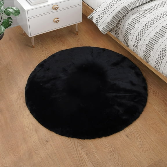 Goolela Black Area Rug Round Rug 3ft Fluffy Faux Fur Rabbit Rug Circle Rug Small Fuzzy Furry Plush Rug for Living Room Bedroom Entryway