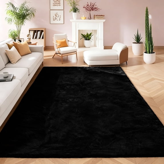 Goolela Black Rug 8x10 Rug Fuzzy Faux Fur Rabbit Rug for Living Room Bedroom Fluffy Furry Luxury Rug Washable Rug Rectangle