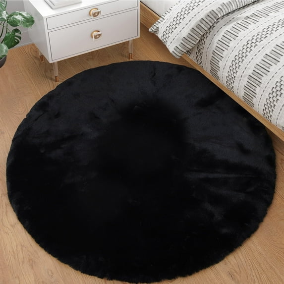 Goolela Black Rug Round Area Rug 4ft Circle Fluffy Fur Rug for Living Room Bedroom Rug Faux Rabbit Fur Rug Fuzzy Washable Rug Plush Furry Rug