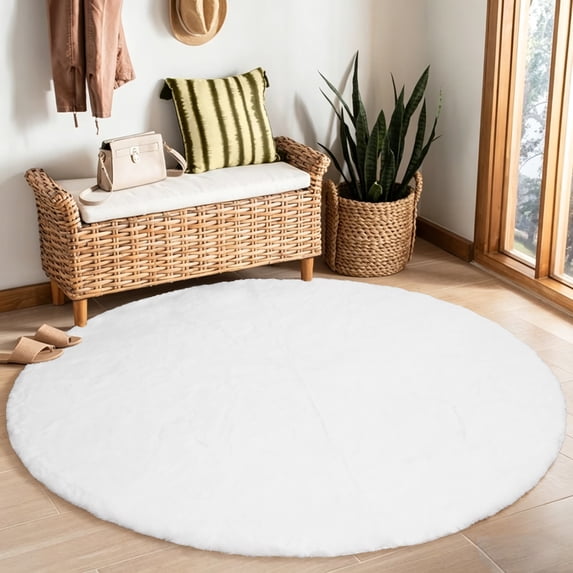 Goolela Circle Rug 5ft Round Rug White Fuzzy Faux Fur Rug Fluffy Shaggy Plush Bedside Rug for Bedroom Plush Rug Furry Area Rug for Living Room Nursery