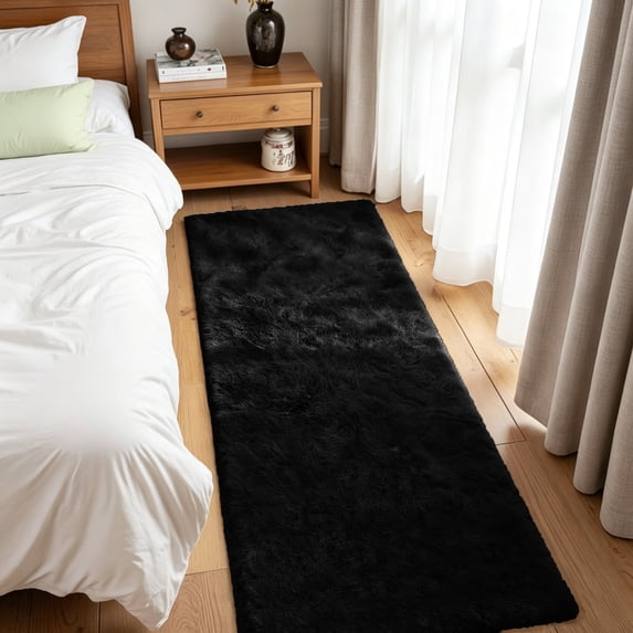 Goolela Fluffy 2x6 Runner Rug Fuzzy Faux Fur Rabbit Rug Black Fur Rug for Bedroom Hallway