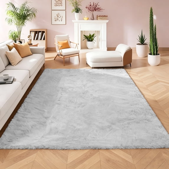 Goolela Fuzzy Rug Gray Faux Fur Rabbit Rug 5x8 Rug for Living Room Fluffy Washable Rug for Bedroom Nursery Room Furry Rug Rectangle