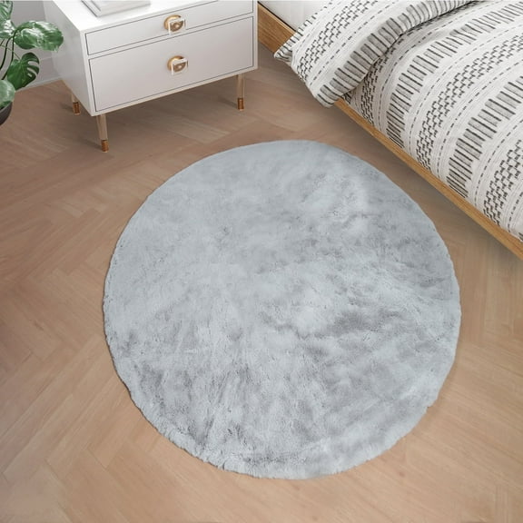 Goolela Gray Rug Round Rug 3ft Fuzzy Faux Fur Rabbit Rug for Living Room Fluffy Furry Area Rug Soft Plush Washable Rug for Bedroom