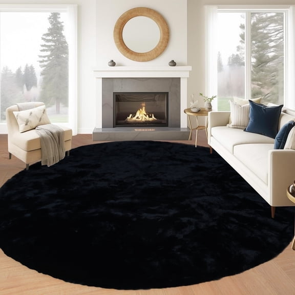 Goolela Large Circle Rug 8ft Round Rug Fluffy Fuzzy Faux Rabbit Fur Area Rug for Bedroom Living Room Black Shaggy Furry Rug