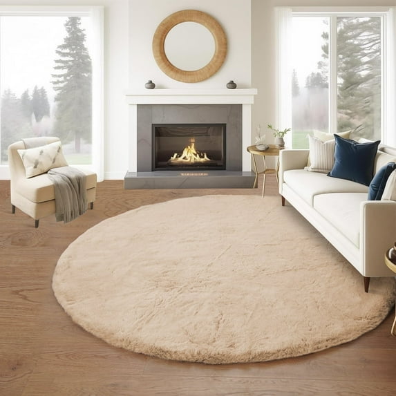 Goolela Large Round Rugs 6ft Circle Furry Shag Rug Light Brown Fluffy Area Rug Fuzzy Faux Rabbit Fur Rug for Living Room Bedroom