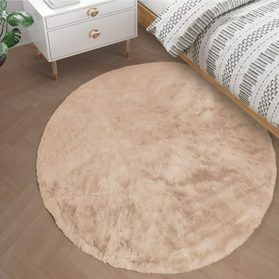 Goolela Light Brown Area Rug Fuzzy Circle Rug 4ft Fluffy Faux Rabbit Fur Rug Washable Rug Round Furry Rug for Living Room Bedroom Teen Room