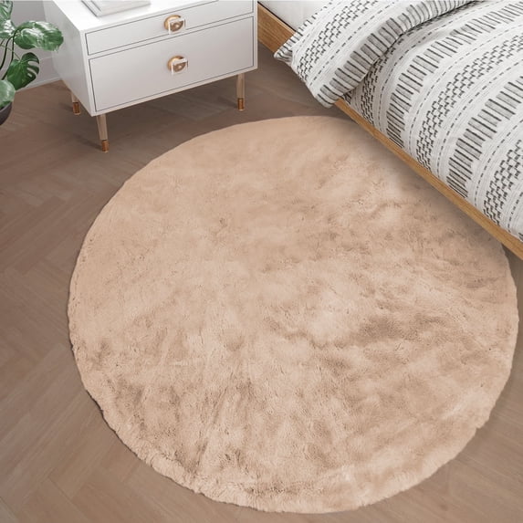 Goolela Light Brown Area Rug Fuzzy Circle Rug 4ft Fluffy Faux Rabbit Fur Rug Washable Rug Round Furry Rug for Living Room Bedroom Teen Room
