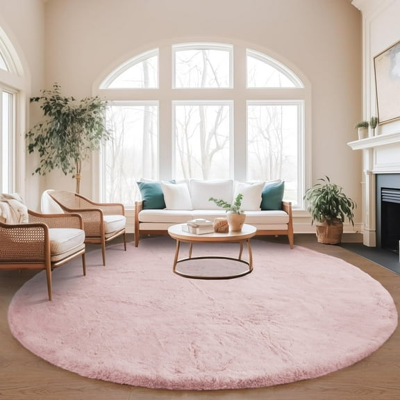 Goolela Pink Round Rug 8ft Circle Rug Fluffy Faux Rabbit Fur Area Rug Fuzzy Shag Large Furry Rug for Living Room Girls Bedroom Nursery Room