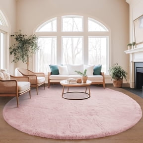 Goolela Pink Round Rug 8ft Circle Rug Fluffy Faux Rabbit Fur Area Rug Fuzzy Shag Large Furry Rug for Living Room Girls Bedroom