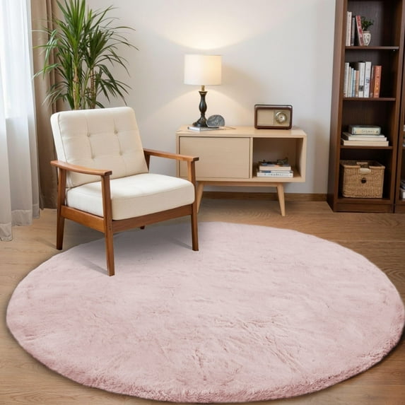 Goolela Pink Rug Round Fur Rug 5ft Circle Rug Fluffy Faux Rabbit Fur Rug Shag Washable Rug Plush Soft Rug for Living Room Bedroom Dorm Nursery Rug