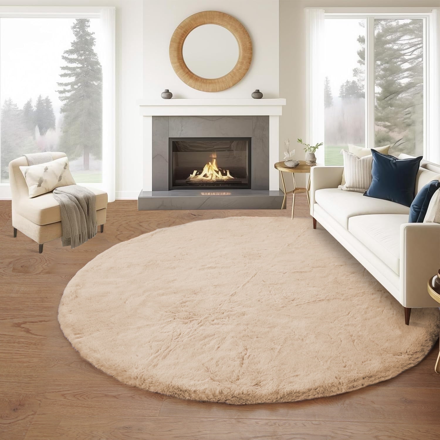 Goolela Round Rug 5ft Circle Rug for Bedroom Light Brown Fluffy Rug for ...