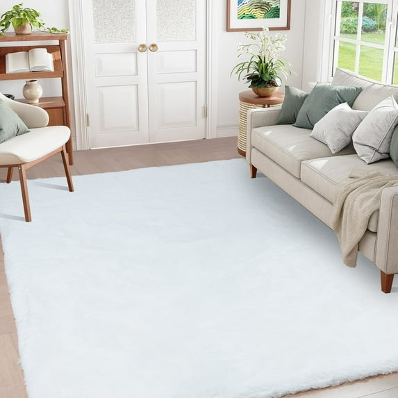 Goolela White Fluffy Rug 5x8 Fur Rug Faux Fur Rabbit Rug for Living Room Fuzzy Furry Washable Rug for Living Room Bedroom Rectangle