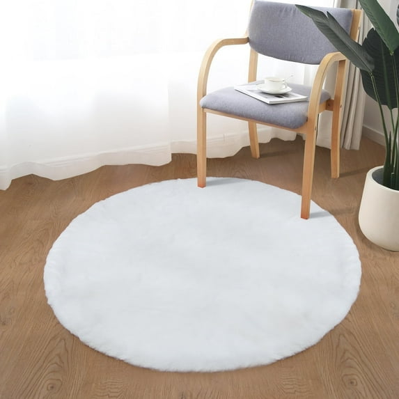 Goolela White Rug Round 3ft Fuzzy Faux Fur Rabbit Rug for Living Room Fluffy Furry Area Rug Soft Plush Washable Rug for Bedroom