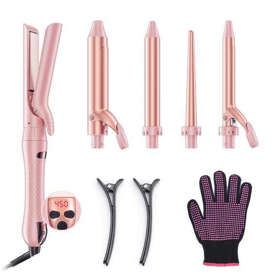 Goolioo 5 in 1 Curling Iron Set, Curling Wand set with Flat Iron Hair Straightener, Dual Voltage Hair Curler,Pink