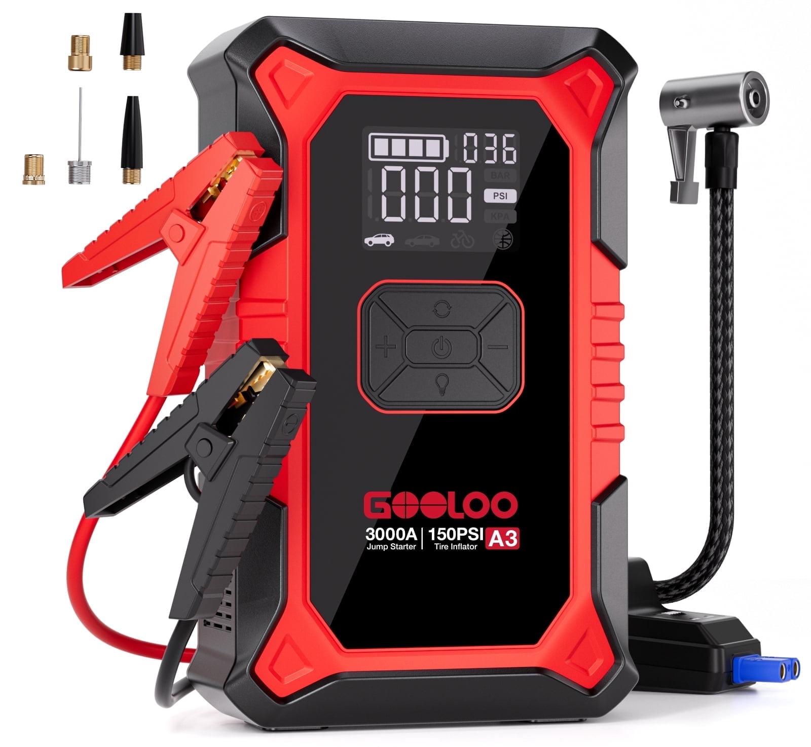 Gooloo Jump Starter with Air Compressor, 3000A Portable Car Battery Jump Starter (9.0L Gas/6.5L Diesel) with 150PSI Digital Tire Inflator, 12V Car Battery Charger Booster with LED Light
