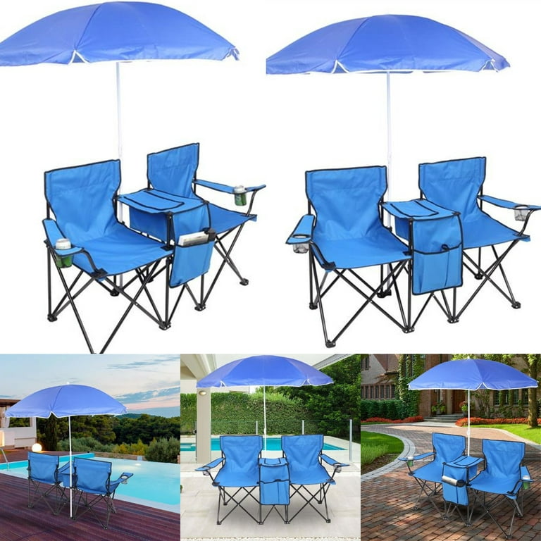 Goorabbit Anti-UV Umbrella Fishing Camp Chair, Outdoor 2-Seat Folding  Chairs, Steel Frame Collapsible Lawn Outdoor Chair w/ Cup Holder Cooler  Pouch