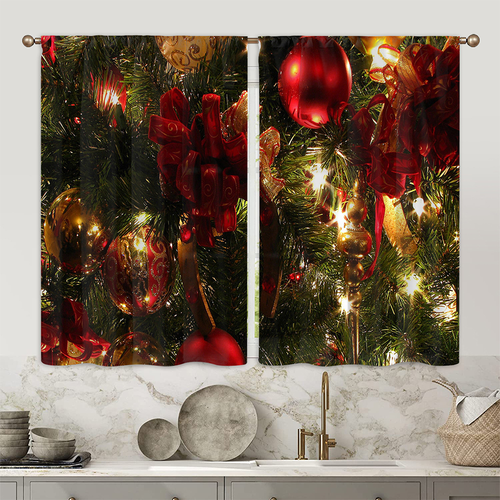 Goory Kitchen Curtains Christmas Tree Rod Pocket Drapes Red Bedroom