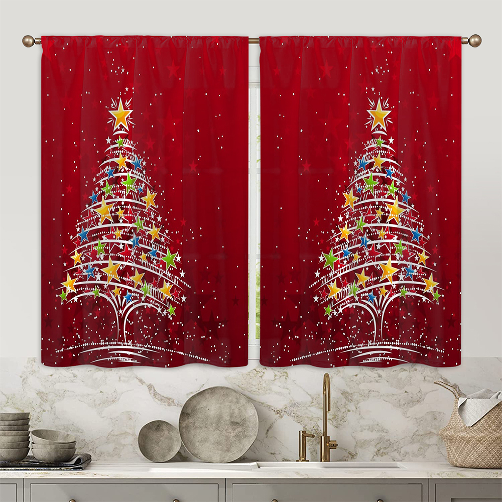 Goory Kitchen Curtains Christmas Tree Rod Pocket Drapes Red Bedroom