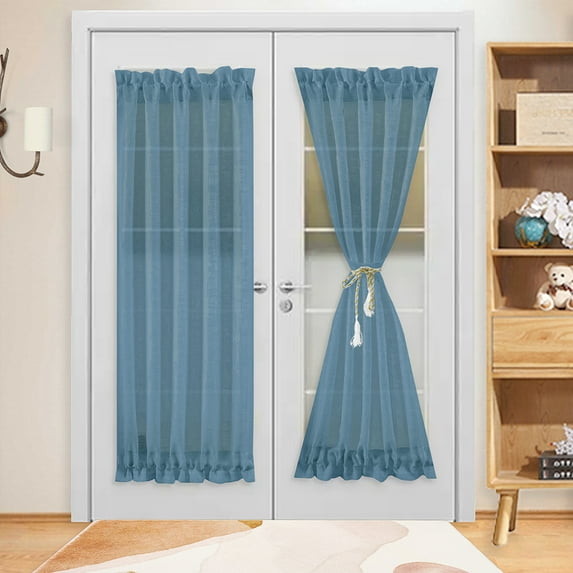 Goory Sheer French Door Curtains Rod Pocket Semi Voile Single Curtain Panel for Patio Doors Window Kitchen Decor Blue 54*72inch